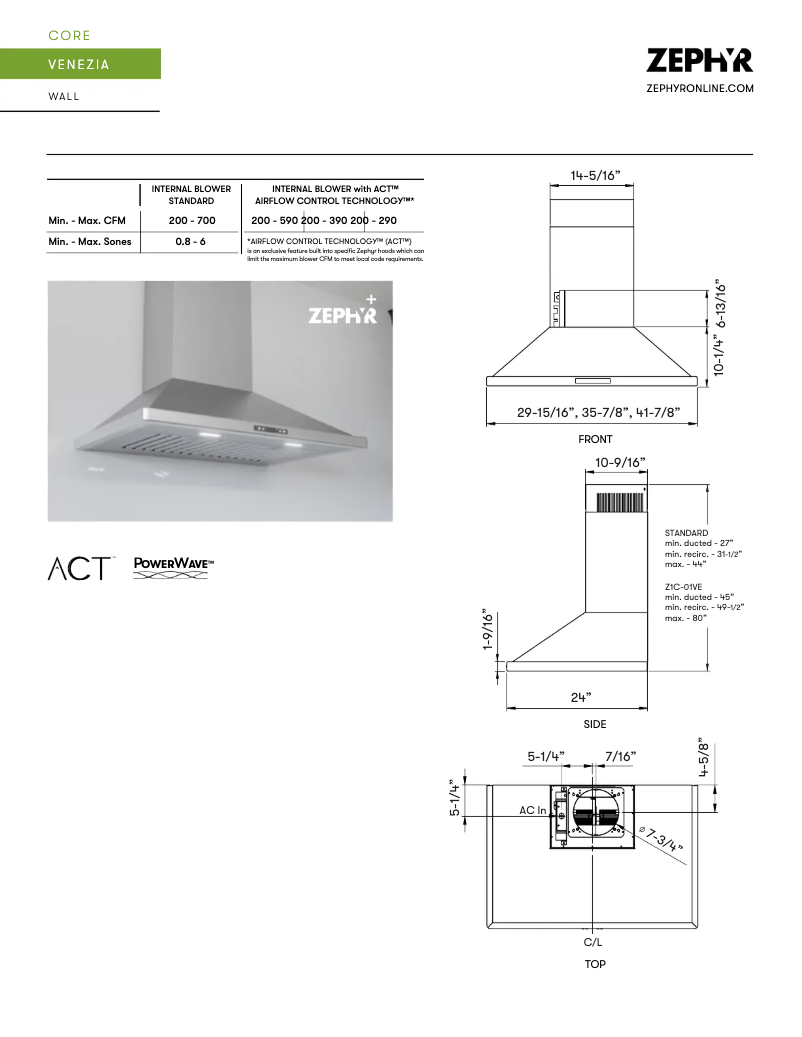 Page 1 de la notice Fiche technique Zephyr Venezia ZVE-E42DS