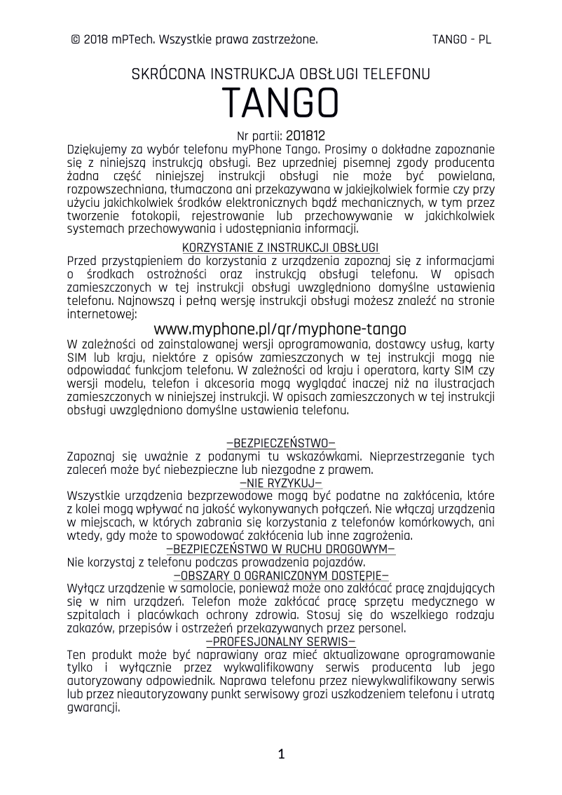 Page 1 de la notice Manuel utilisateur myPhone Tango