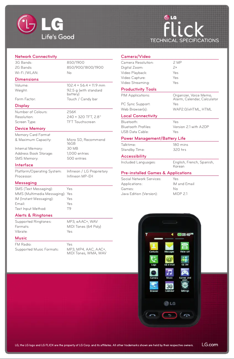 Page 1 de la notice Fiche technique LG T320G