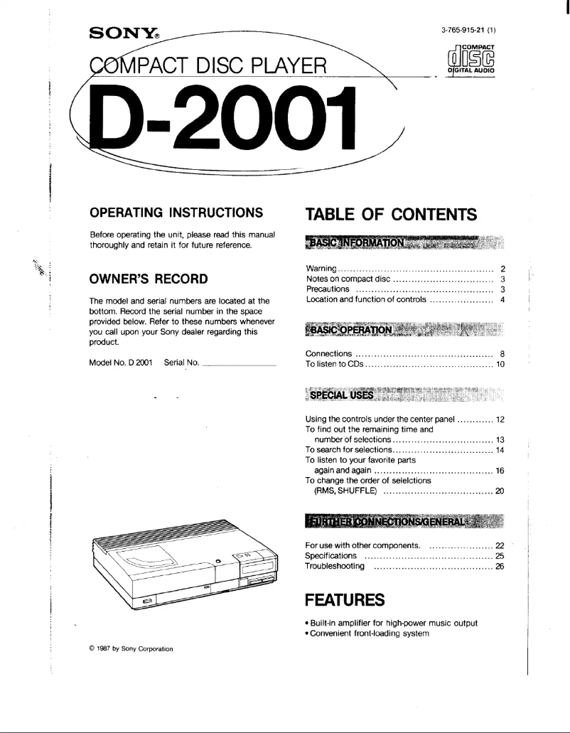 Page 1 de la notice Manuel utilisateur Sony Discman D-2001