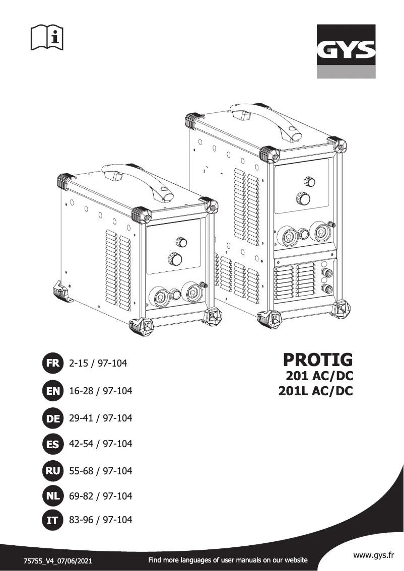 Imagen de la primera página del manual del dispositivo Protig 201 AC/DC
