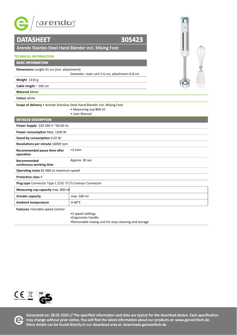 Page 1 de la notice Fiche technique Arendo Mova 305361
