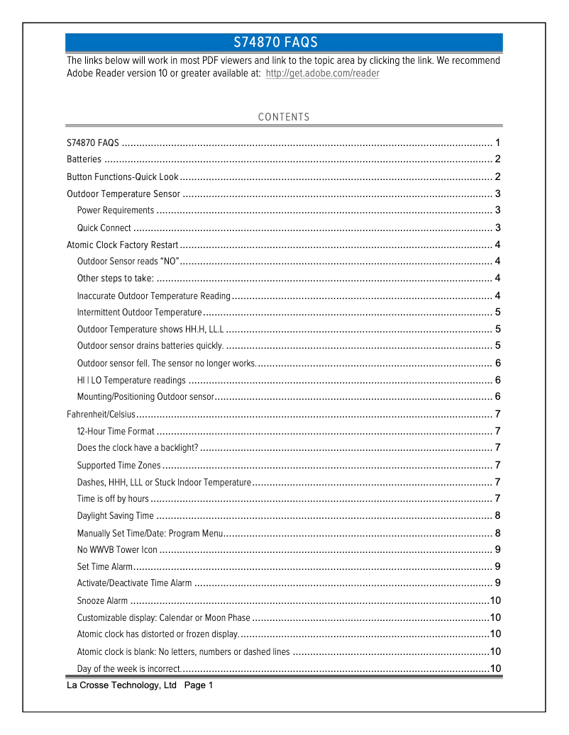 Page 1 de la notice FAQ La Crosse Technology S74870