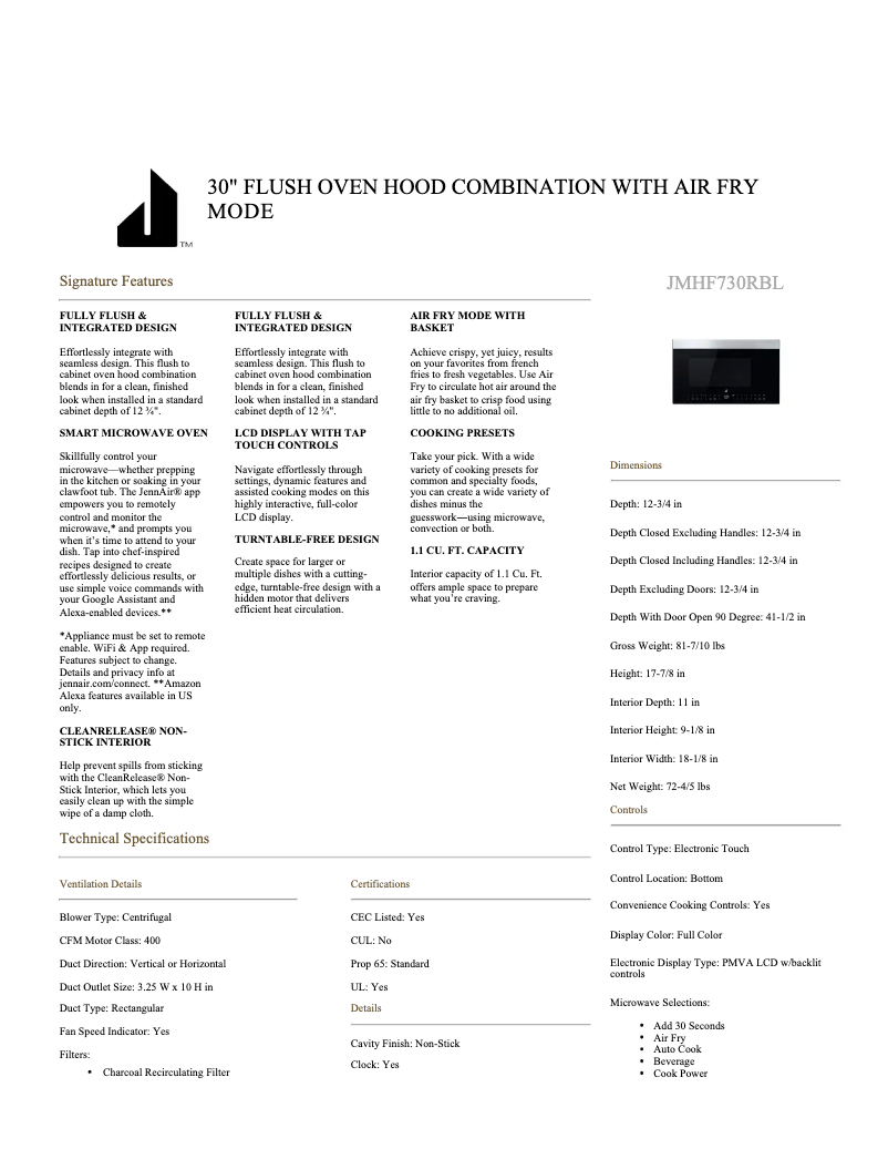 Page n°1 - Fiche technique JennAir JMHF730RBL