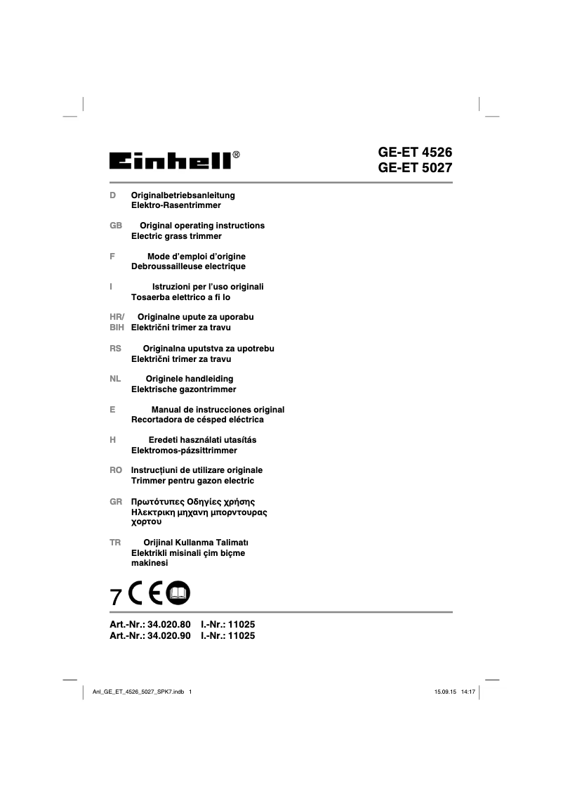 Page 1 de la notice Manuel utilisateur Einhell GE-ET 5027