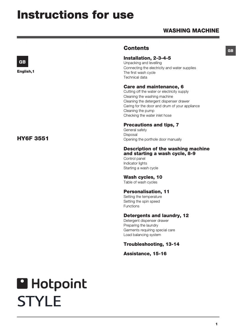 Page n°1 - Manuel utilisateur Hotpoint HY6F 3551P