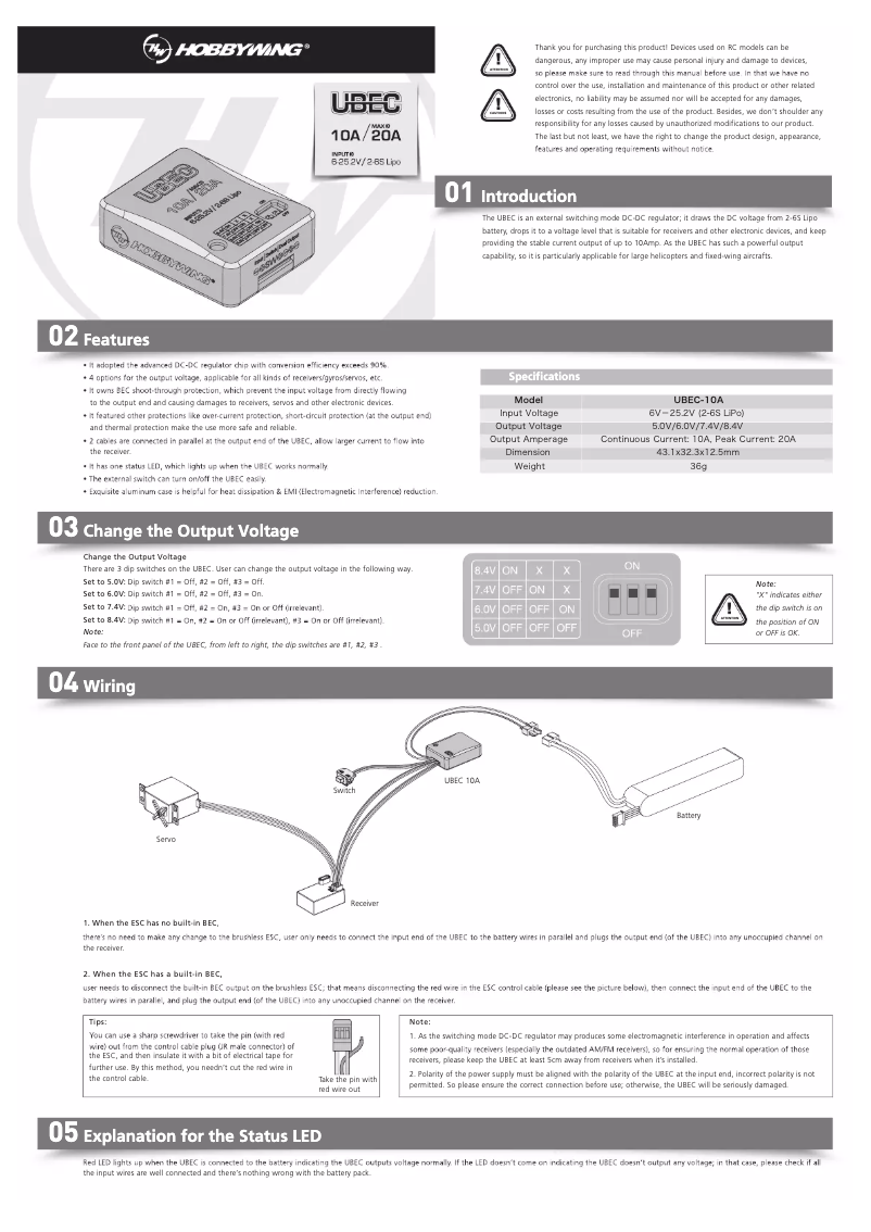 Page 1 de la notice Manuel utilisateur Hobbywing UBEC 10A
