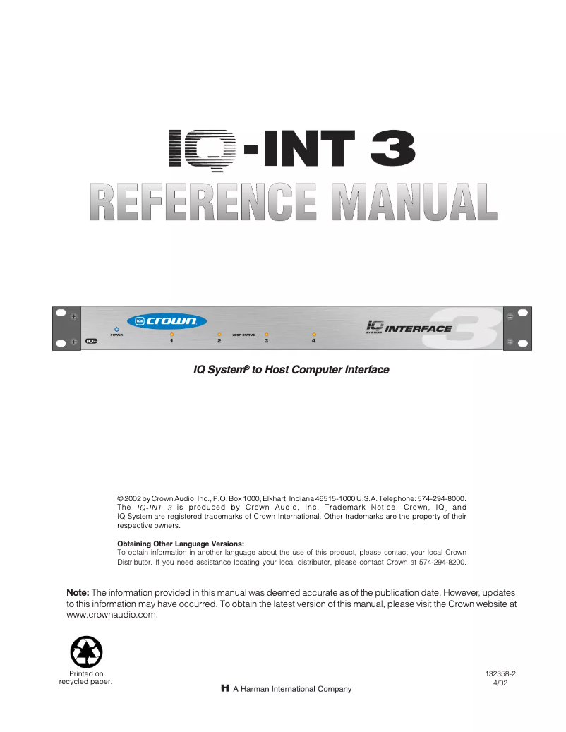 Page 1 de la notice Manuel utilisateur Crown IQ-INT3