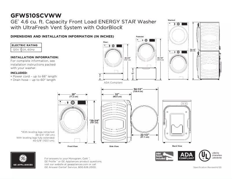 Page 1 of the manual Technical Sheet GE GFW510SCVWW