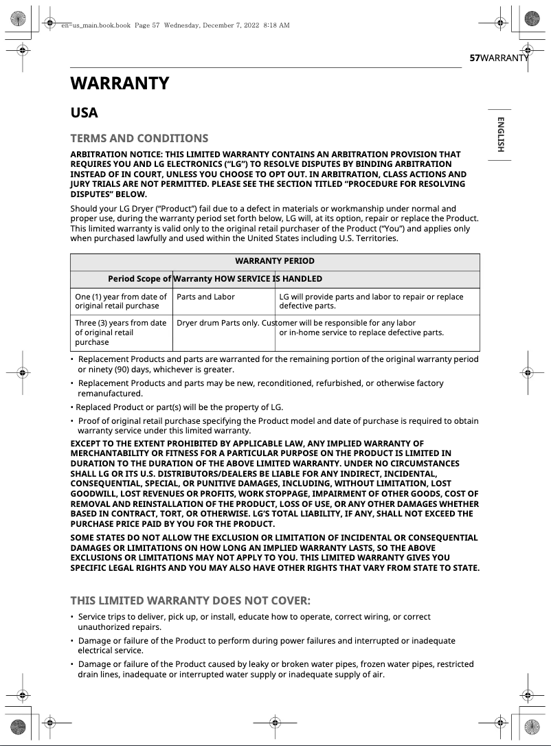 Page 1 de la notice Informations de garantie LG DLEX6500W