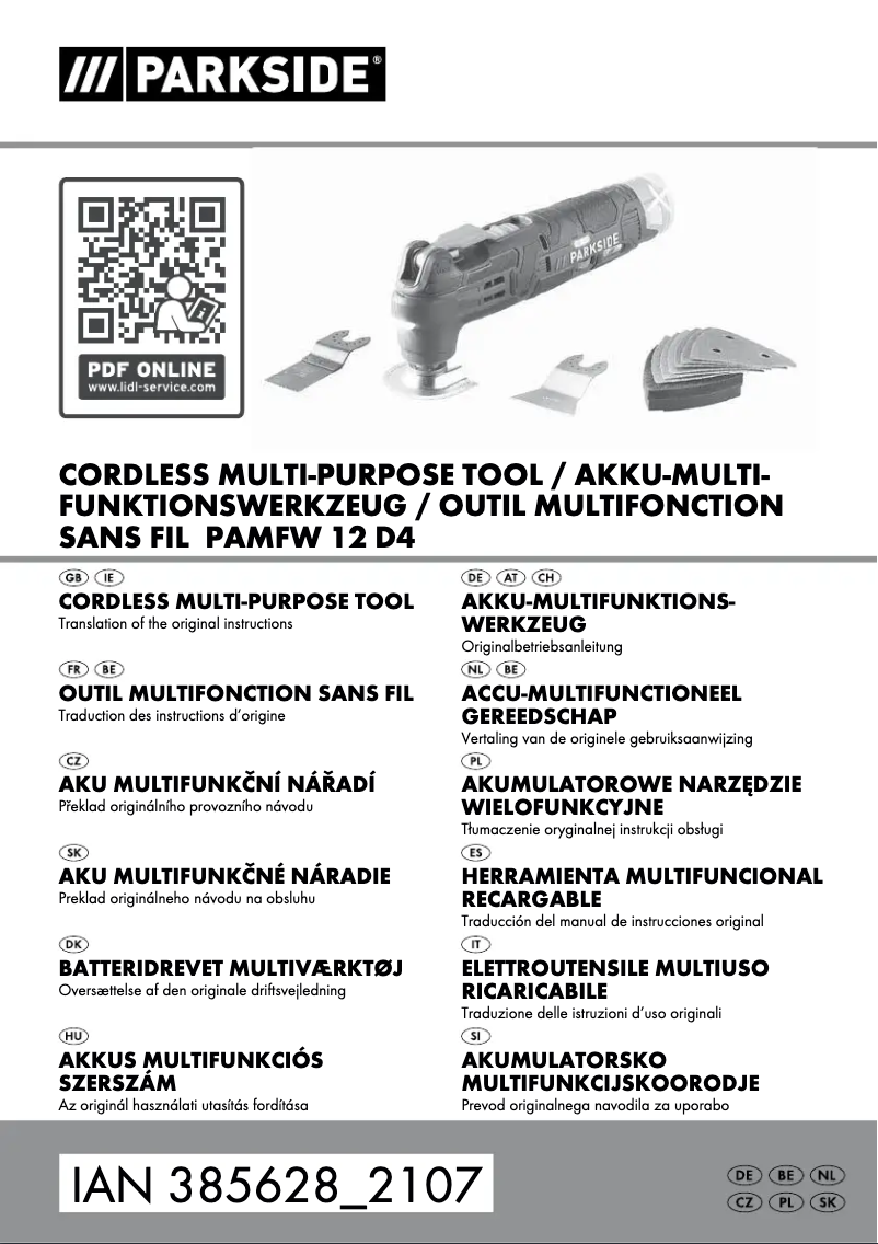 Page 1 de la notice Manuel utilisateur Parkside PAMFW 20-Li A1