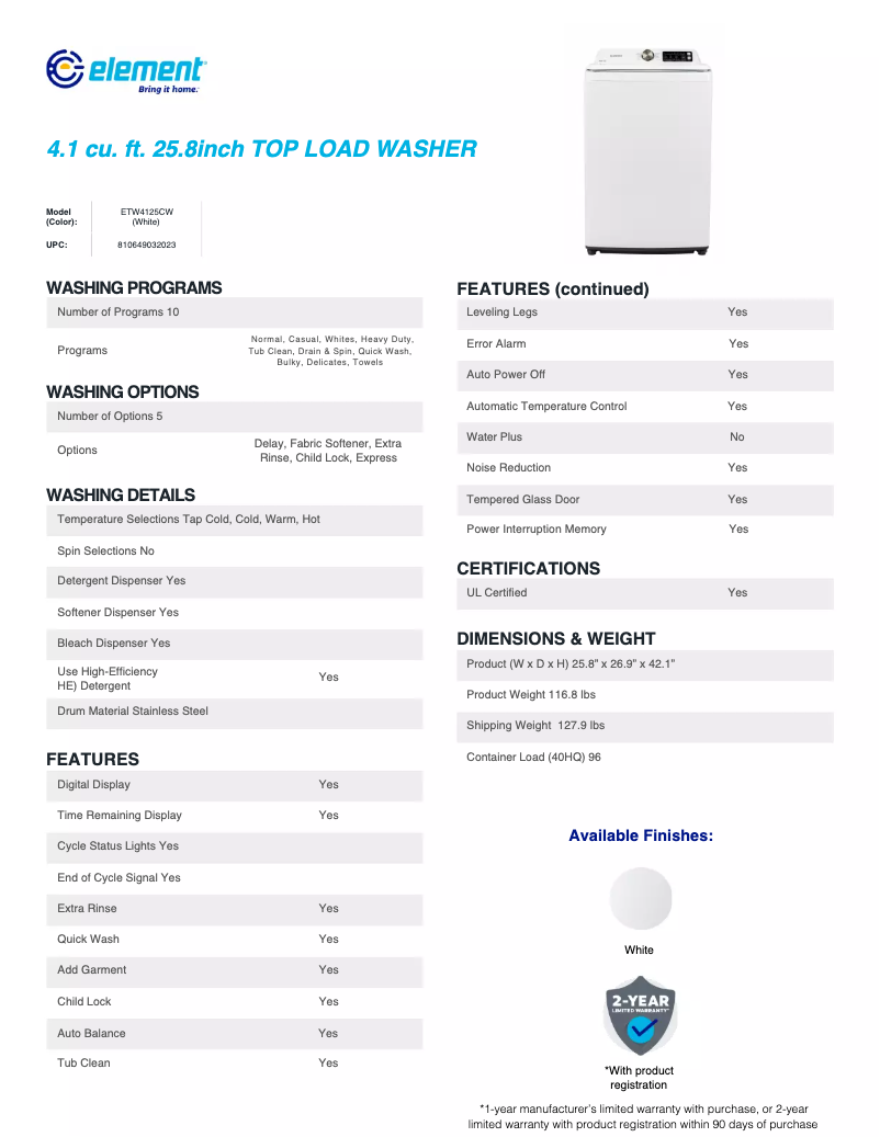 Page 1 de la notice Fiche technique Element ETW4125CW