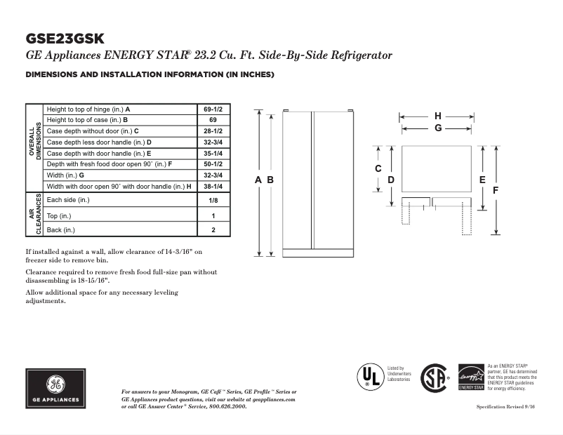 Página 1 del manual Ficha técnica GE GSE23GGKCC