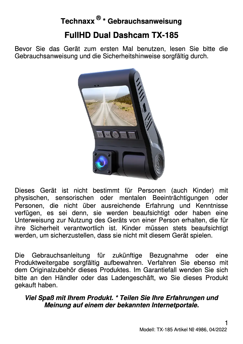 Page 1 de la notice Manuel utilisateur Technaxx TX-185