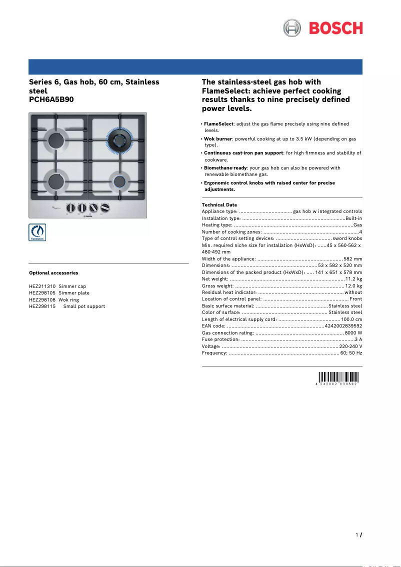 Page 1 de la notice Fiche technique Bosch Serie 6 PCH6A5B90