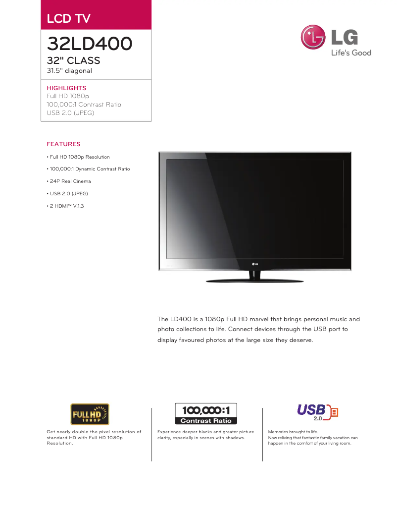 Página 1 del manual Ficha técnica LG 32LD400