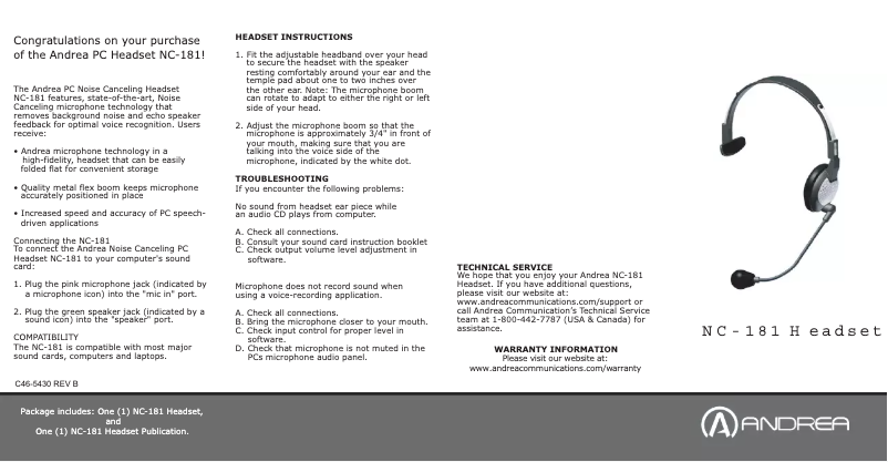 Page 1 de la notice Manuel utilisateur Andrea NC-181