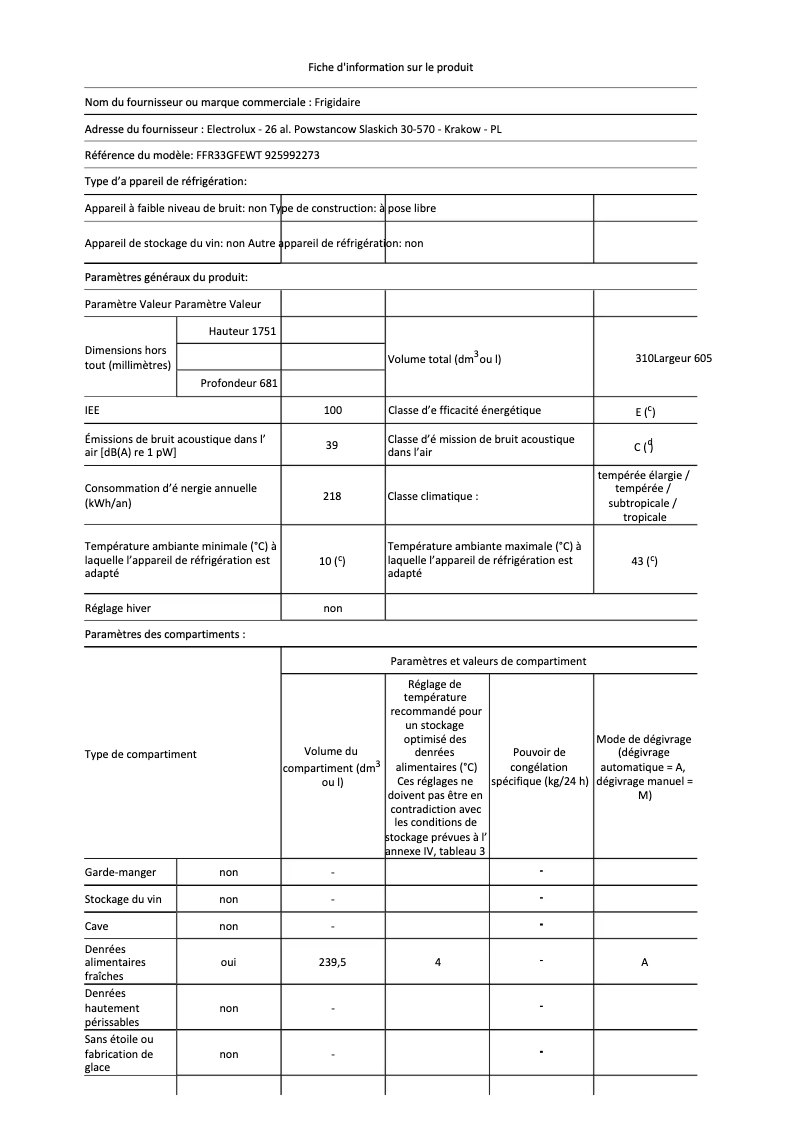 Page 1 de la notice Fiche technique Electrolux FFR33GFEWT