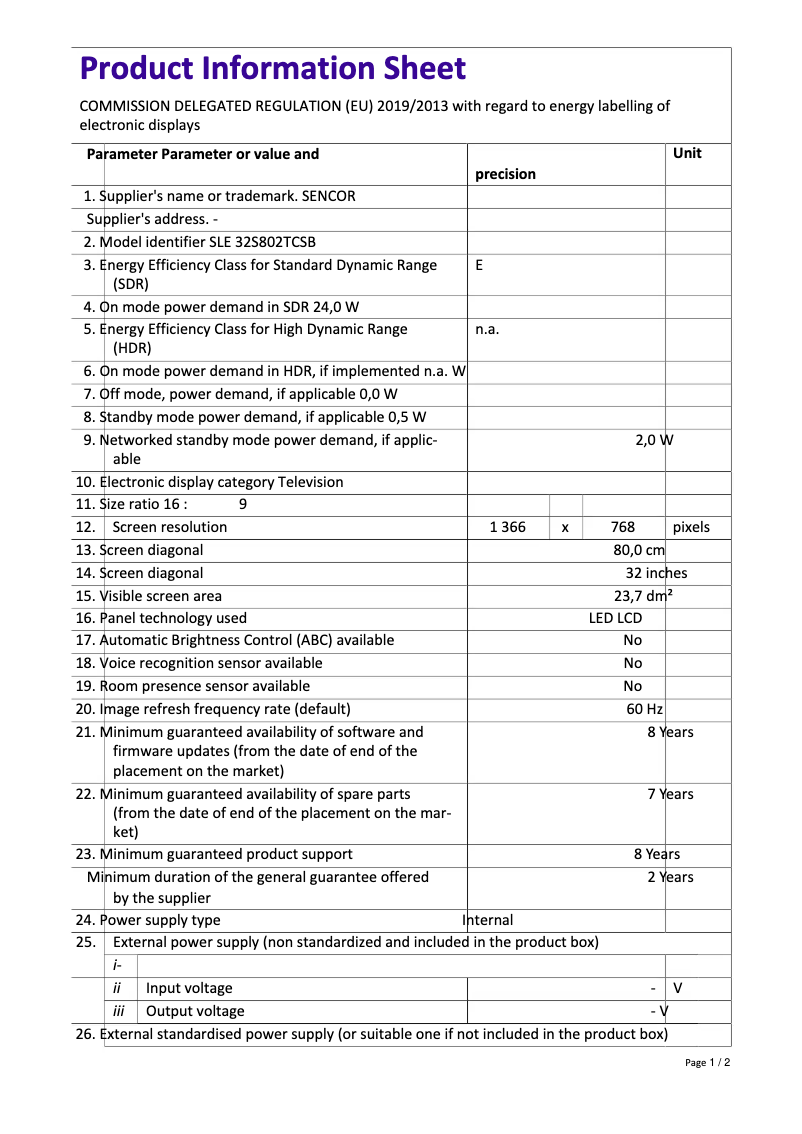 Page 1 de la notice Fiche technique Sencor SLE 32S802TCSB