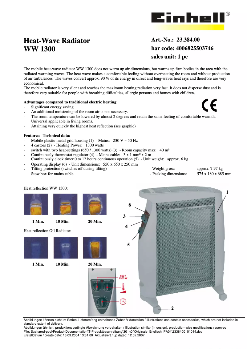 Page n°1 - Fiche technique Einhell WW 1300