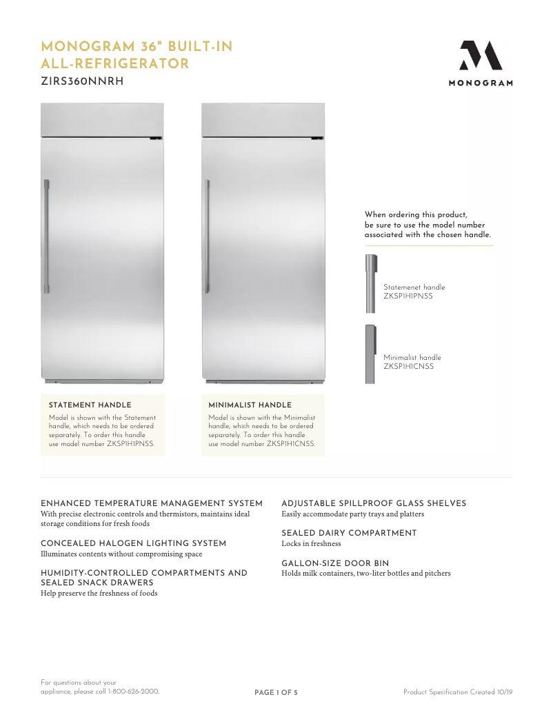 Page 1 de la notice Fiche technique Monogram ZIRS360NNLH