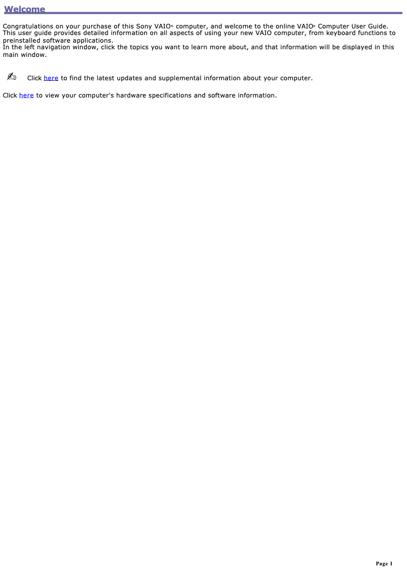 Page 1 de la notice Manuel utilisateur Sony Vaio PCG-SRX99