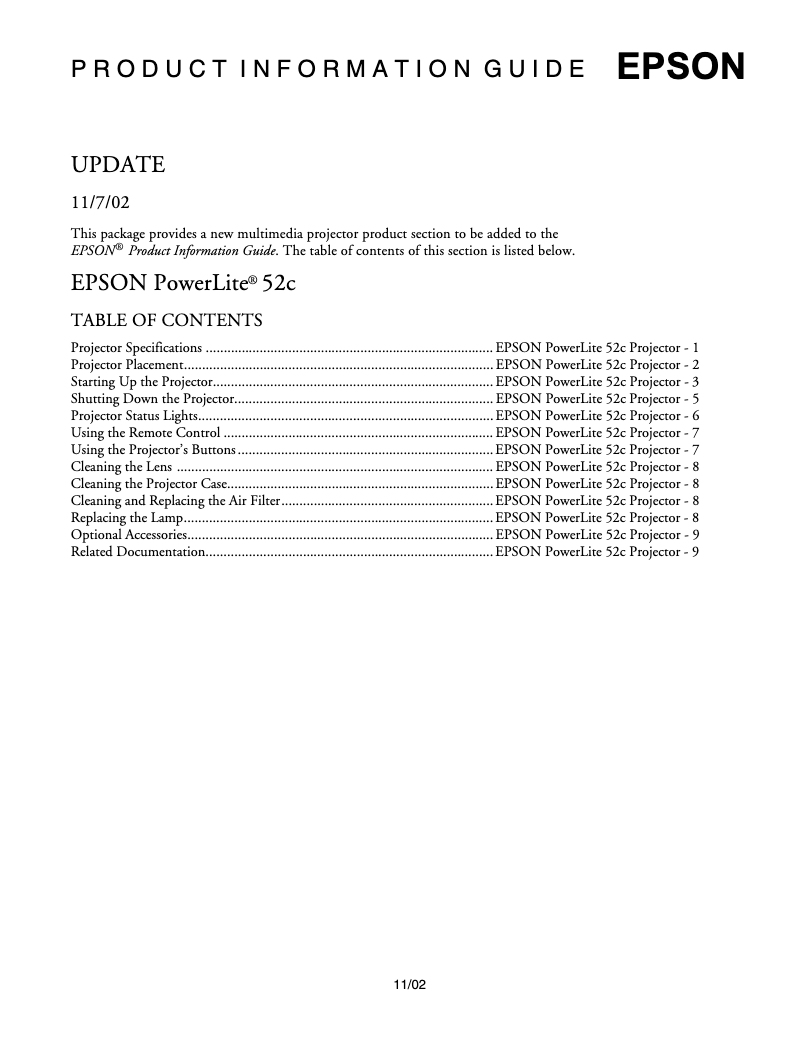 Imagen de la primera página del manual del dispositivo PowerLite 52c