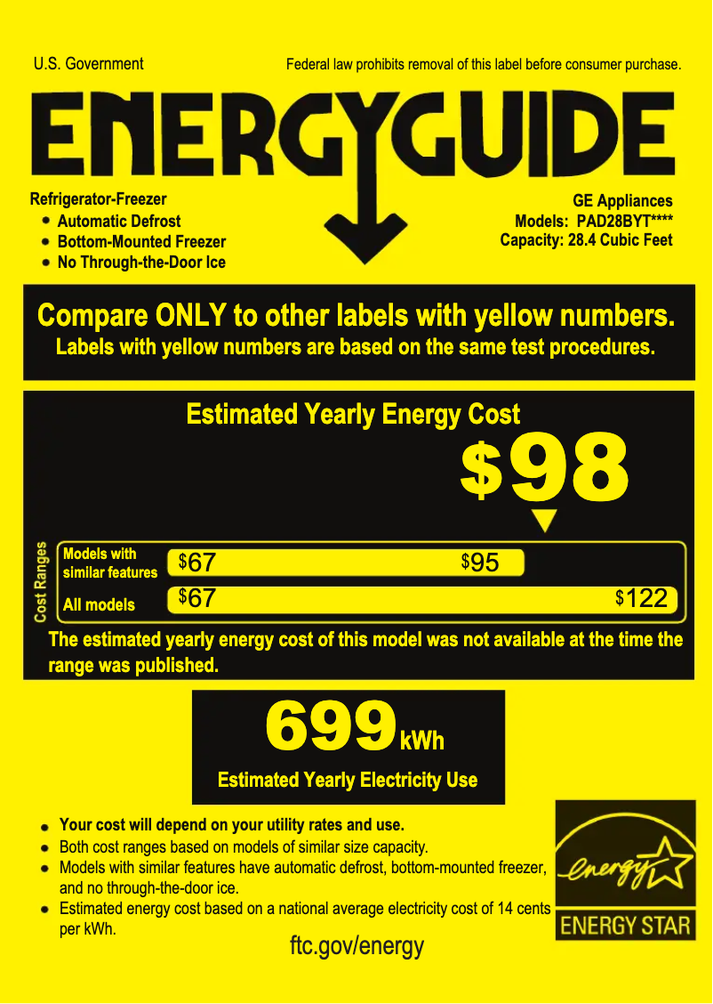 Page 1 of the manual Energy Label GE PAD28BYTFS