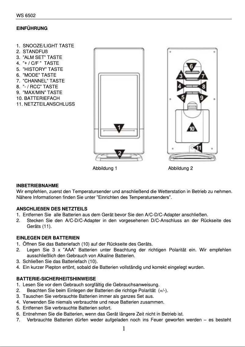 Page 1 de la notice Manuel utilisateur Techno Line WS 6502