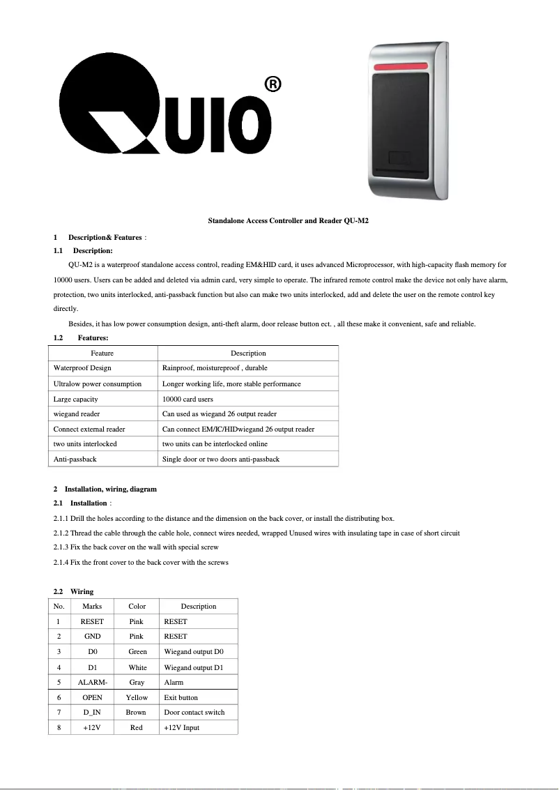 Page 1 de la notice Manuel utilisateur QUIO QU-M2-LF