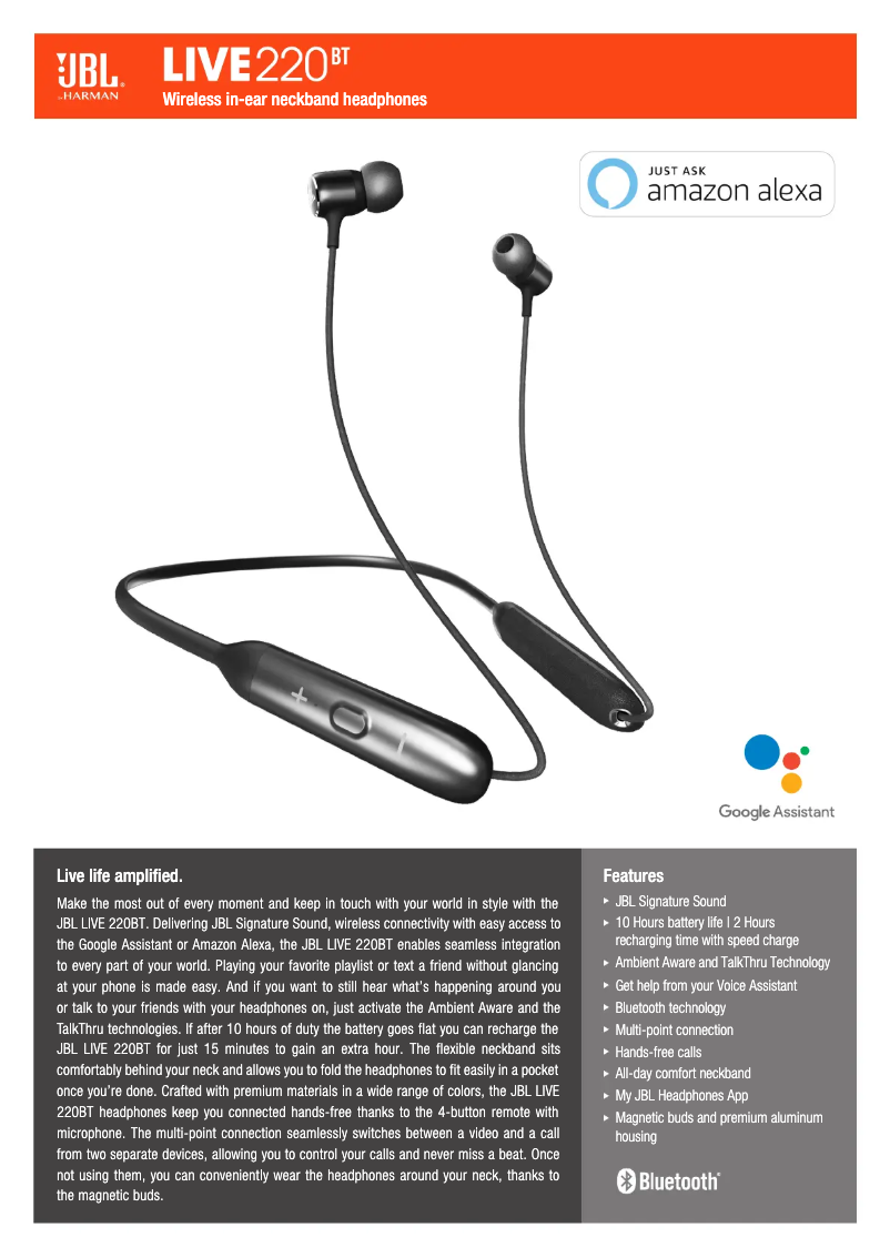 Page 1 de la notice Fiche technique JBL LIVE 220BT