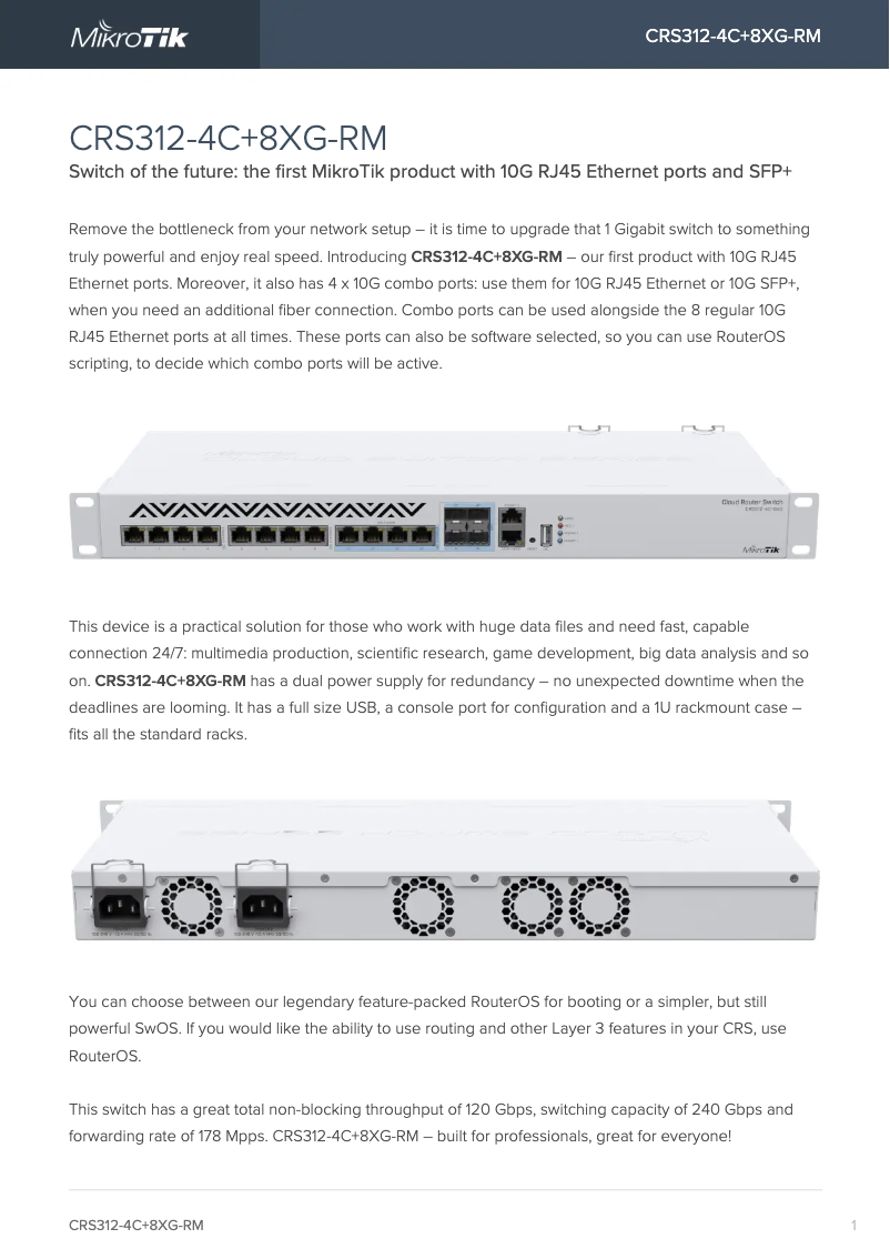 Page 1 of the manual Brochure Mikrotik CRS312-4C+8XG-RM