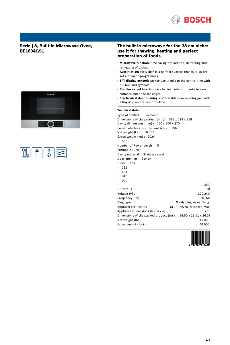 Page 1 of the manual Technical Sheet Bosch BEL634GS1