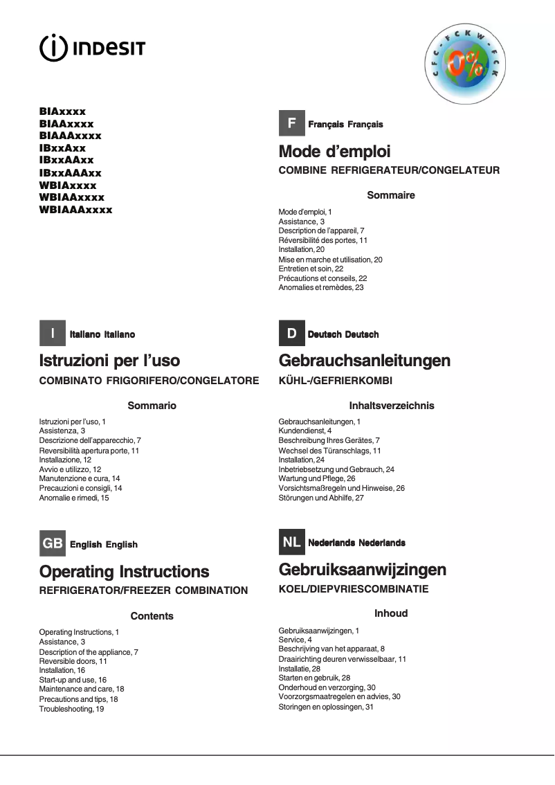 Page 1 de la notice Manuel utilisateur Indesit BIAA 13SI