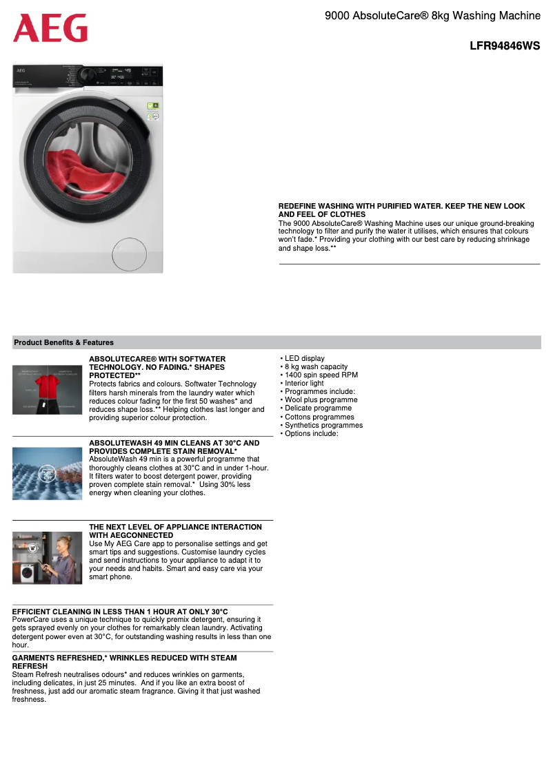 Page 1 de la notice Fiche technique AEG LFR94846WS