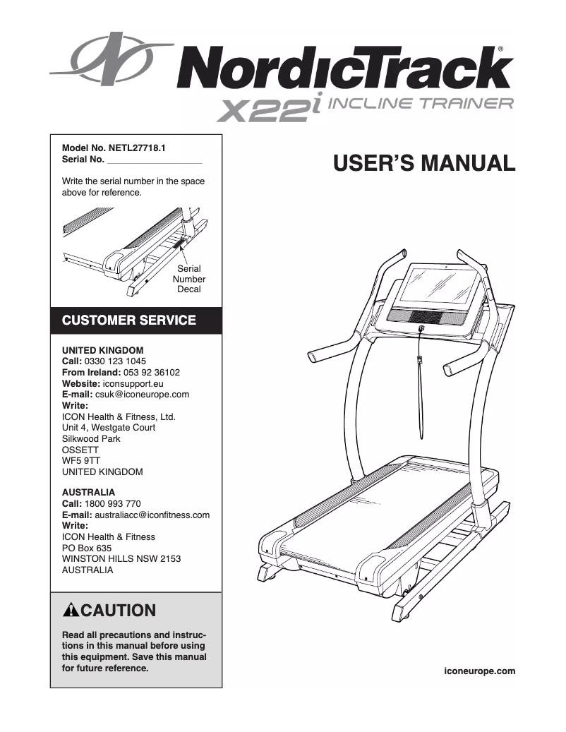 Page n°1 - Manuel utilisateur NordicTrack X22i Incline Trainer