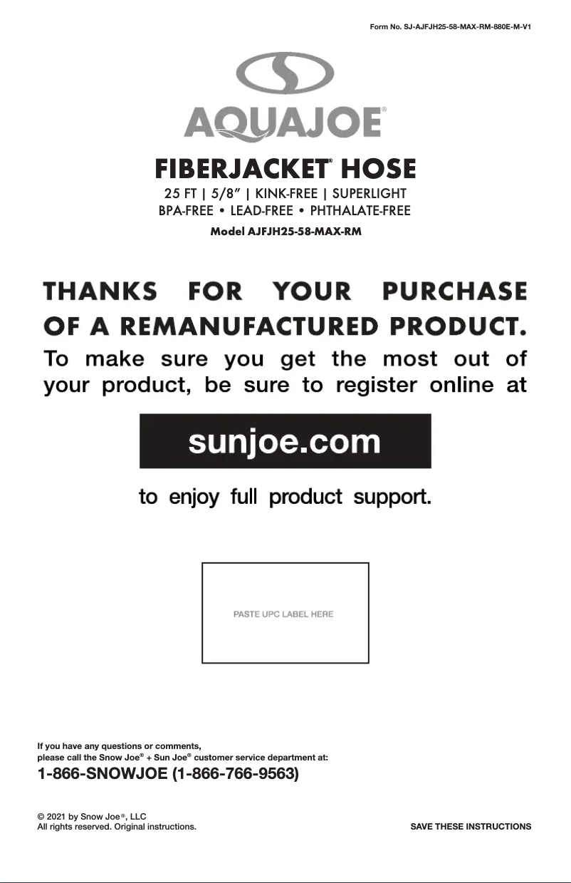 Page 1 of the manual User Manual Aqua Joe AJFJH25-58-MAX-RM