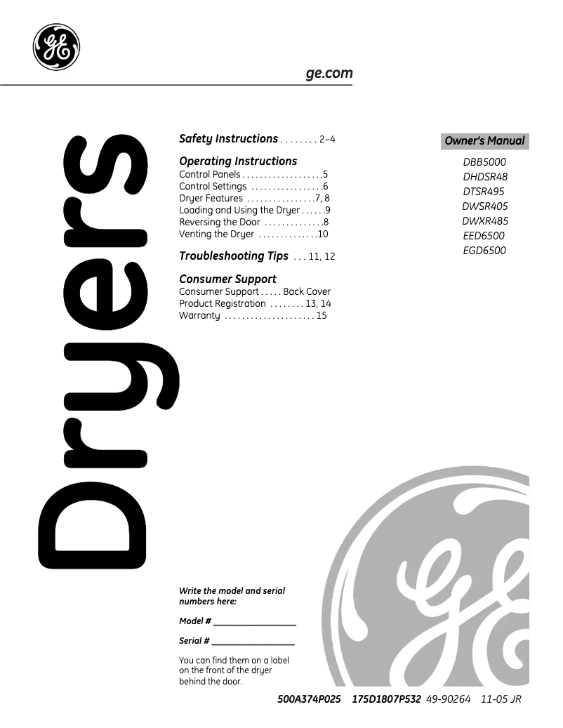 Page n°1 - Manuel d'utilisation et d'entretien GE DWXR485EBWW