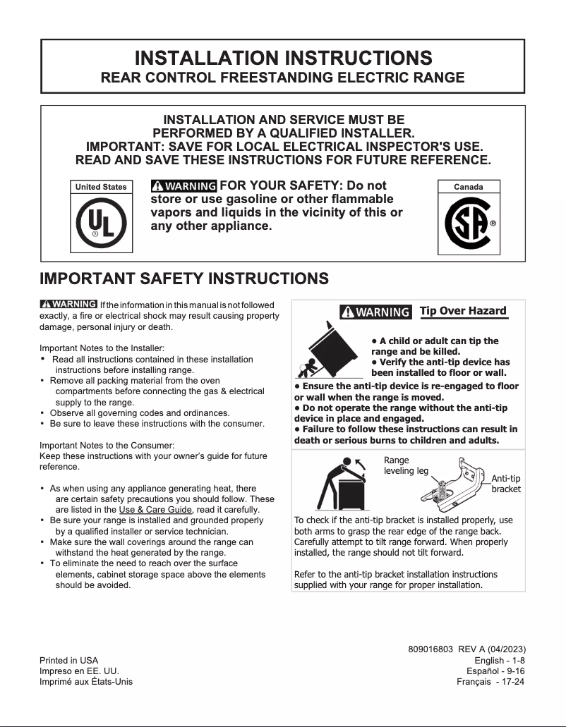 Page 1 de la notice Guide d'installation Frigidaire FCRE3083AD
