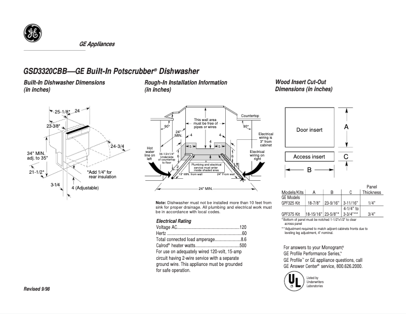 Page n°1 - Fiche technique GE GSD3320CBB