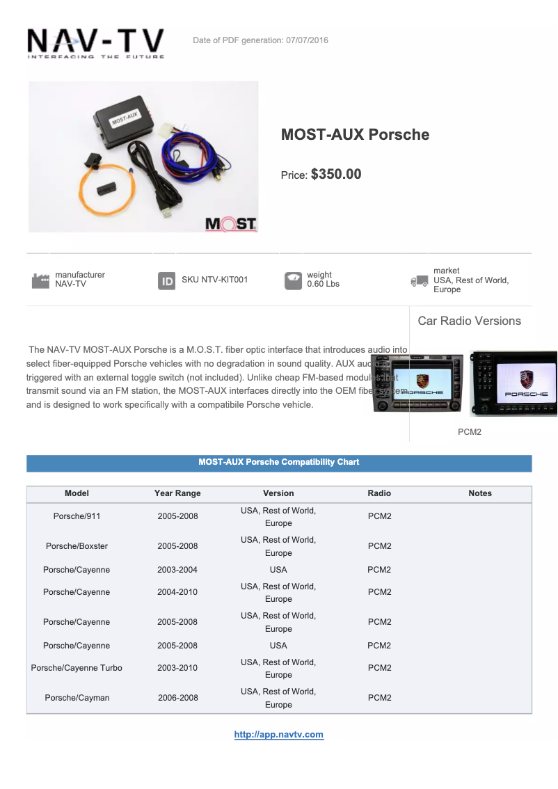 Page n°1 - Fiche technique NAV-TV MOST-AUX NTV-KIT001