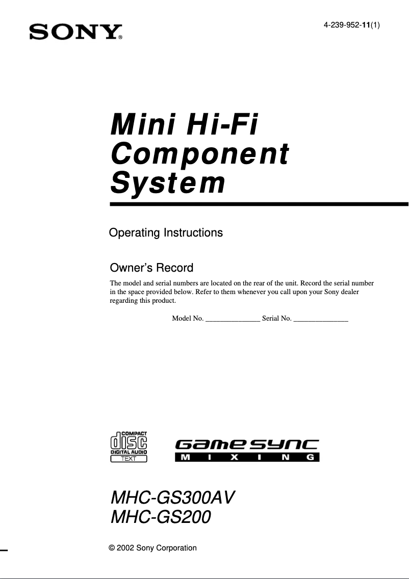 Page 1 de la notice Manuel utilisateur Sony MHC-GS300AV