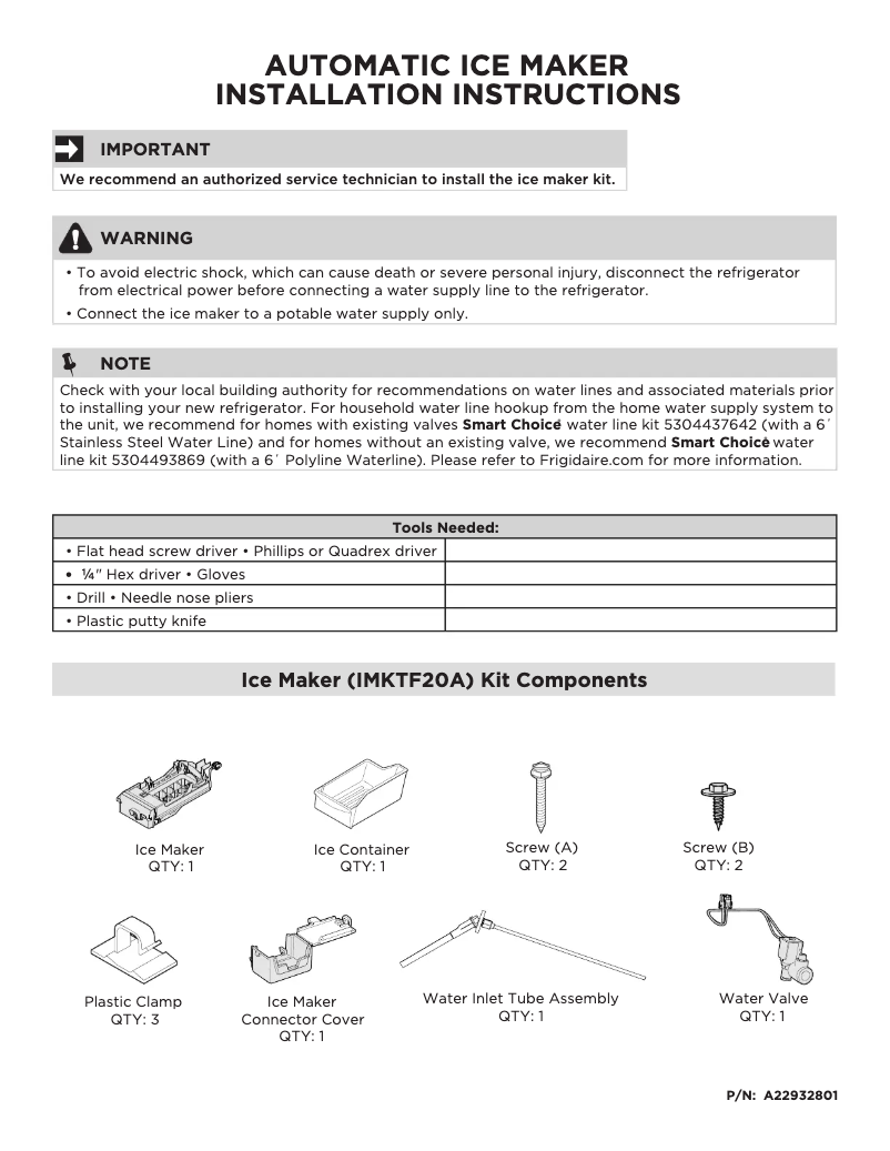 Page 1 de la notice Manuel utilisateur Frigidaire IMKTF20A