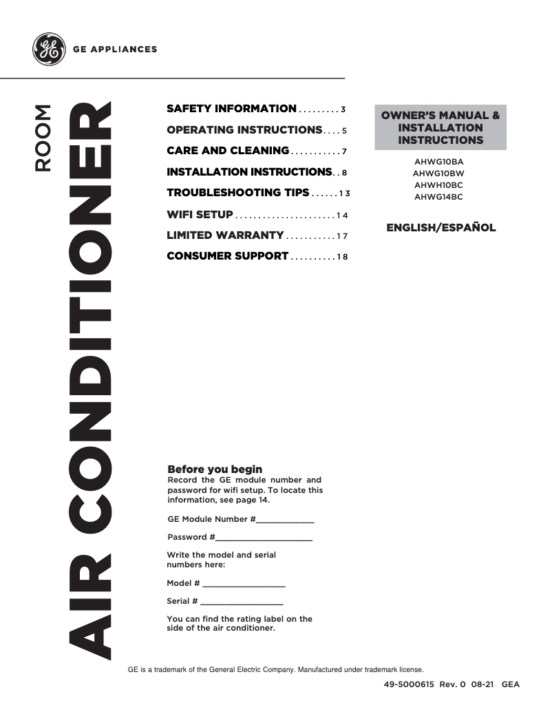 Page n°1 - Manuel d'utilisation et d'entretien GE AHWH10BC