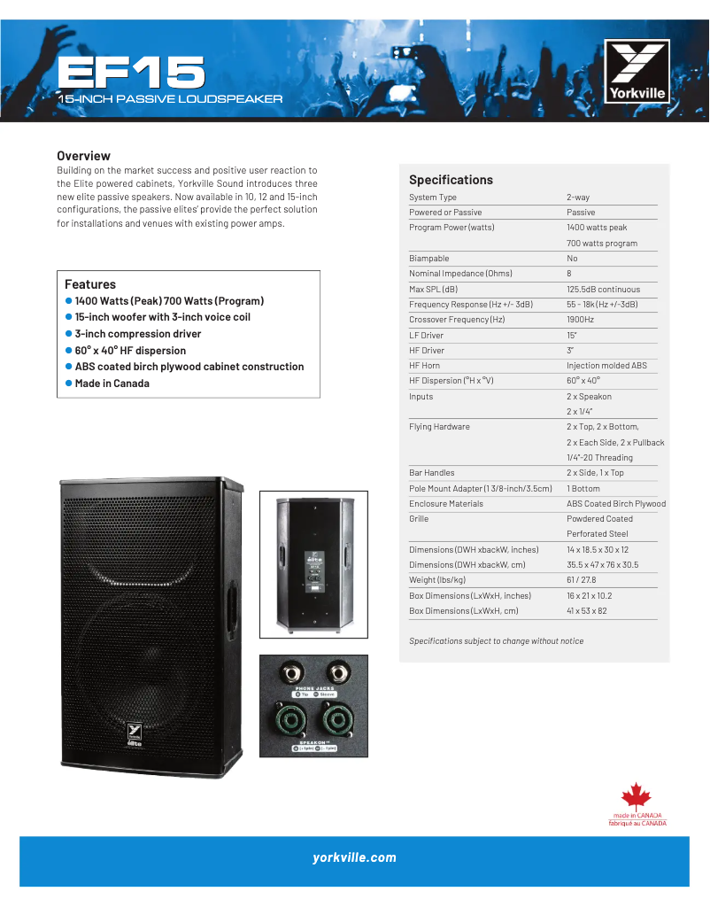 Page 1 de la notice Fiche technique Yorkville Elite EF15