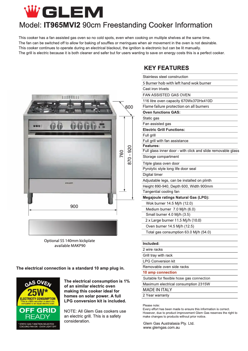Page 1 de la notice Fiche technique Glem Gas IT965MVI2