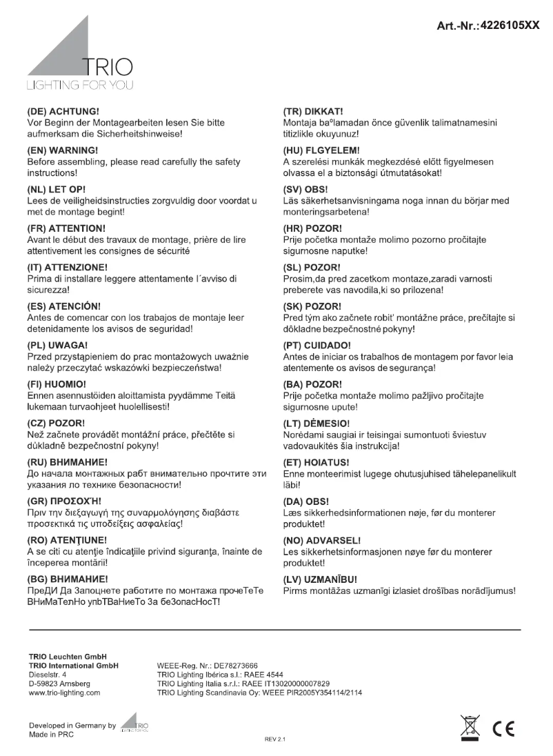 Page 1 de la notice Manuel utilisateur Trio Lighting Rondo 422610532