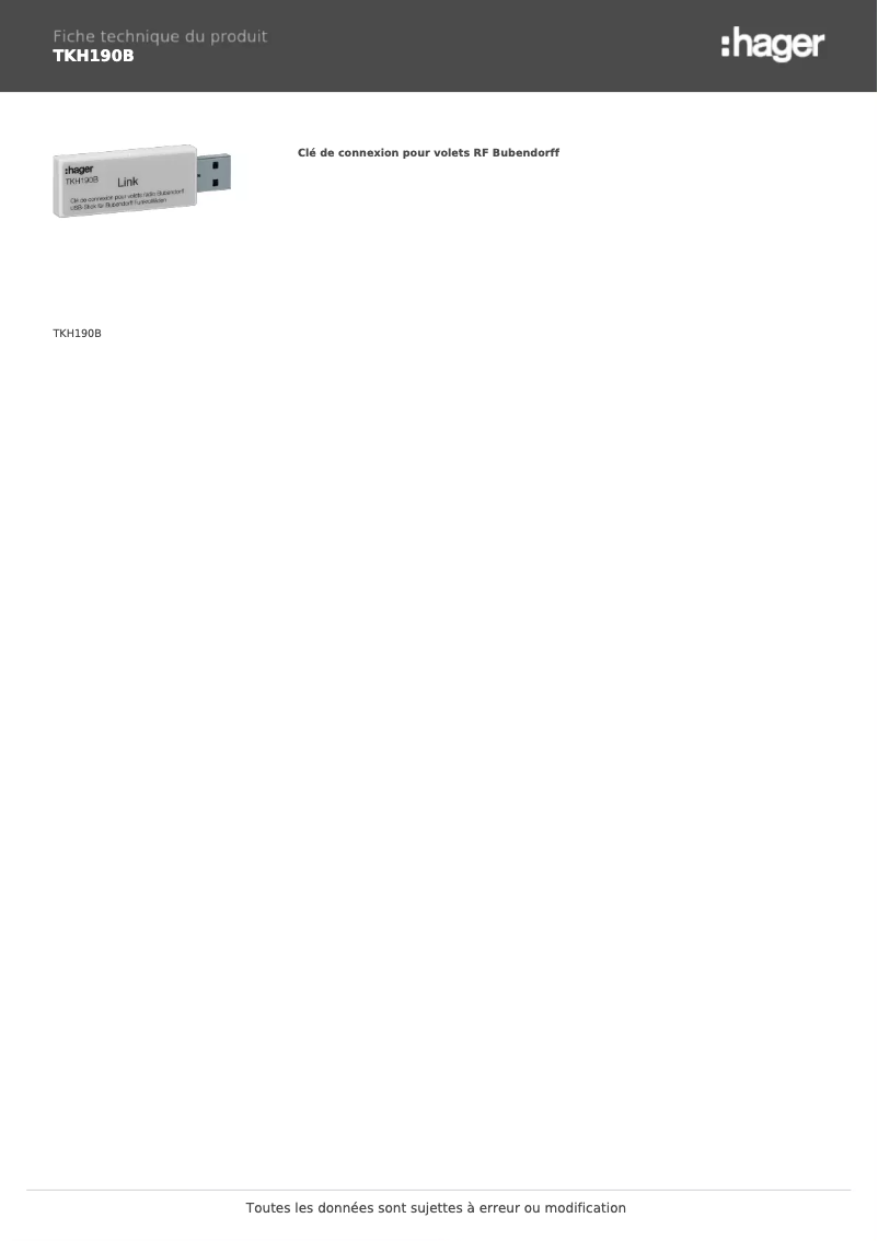 Page n°1 - Fiche technique Hager TKH190B