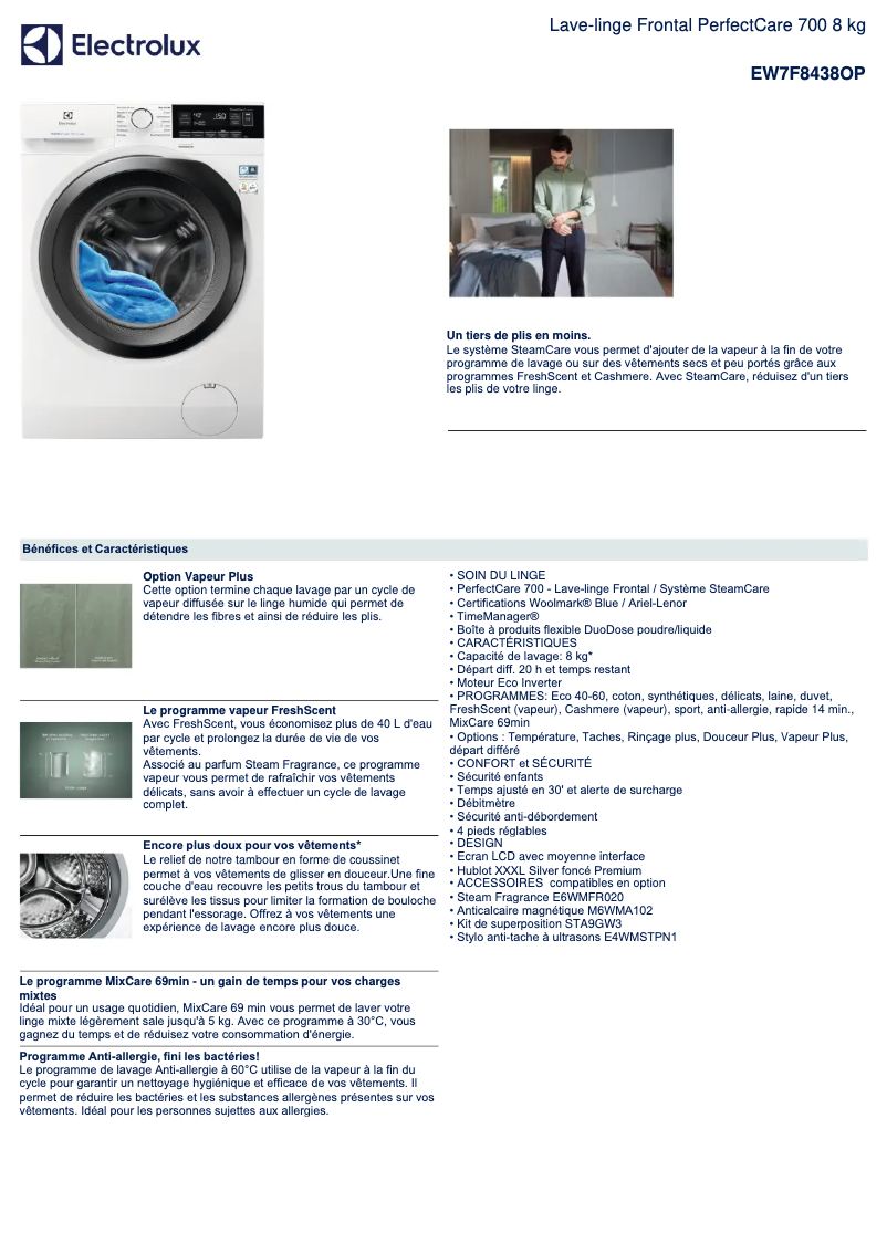 Page 1 de la notice Fiche technique Electrolux EW7F8438OP