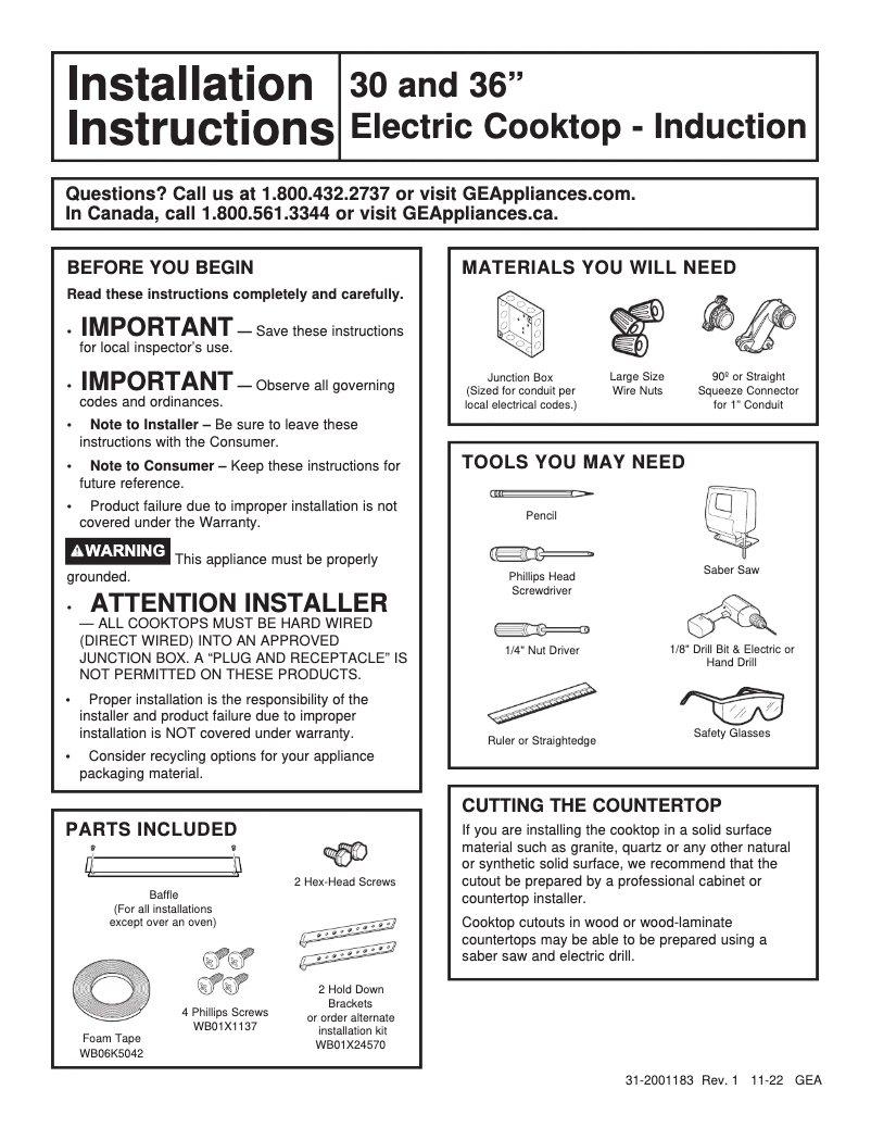 Page 1 de la notice Guide d'installation Monogram ZHU30RDTBB